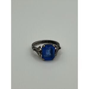 Vintage Marked 900 Silver Large Blue Crystal Ring Beautiful Size 4.5